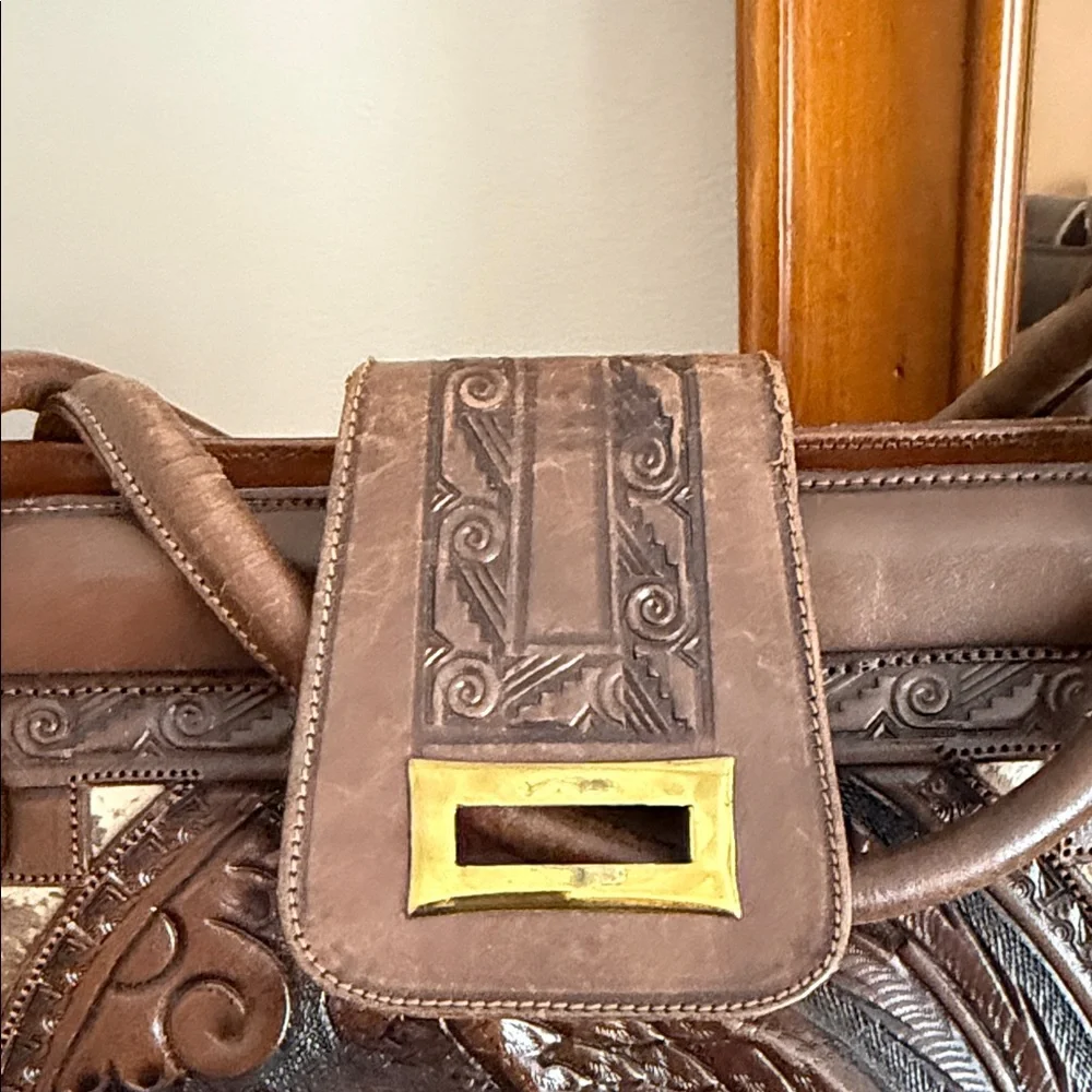Vintage Brown Leather Handbag with Eagle Design